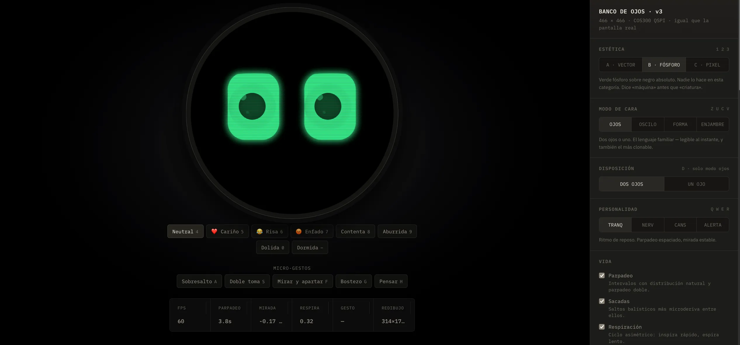 Eye bench v3 in the browser: two phosphor-green eyes on black in a round canvas, with the expression and micro-gesture buttons below and the aesthetics, layout and personality panel on the right