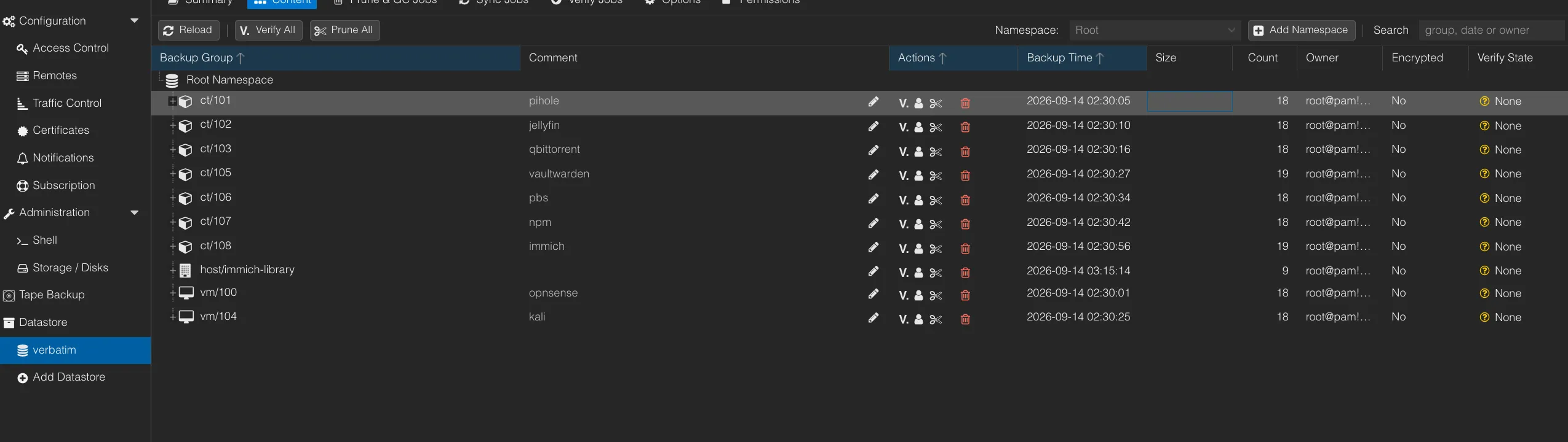 Proxmox Backup Server, contents of the verbatim datastore: eight containers and two virtual machines backed up at 02:30 on 14 September 2026, with 18 or 19 copies each, and the host/immich-library group backed up at 03:15